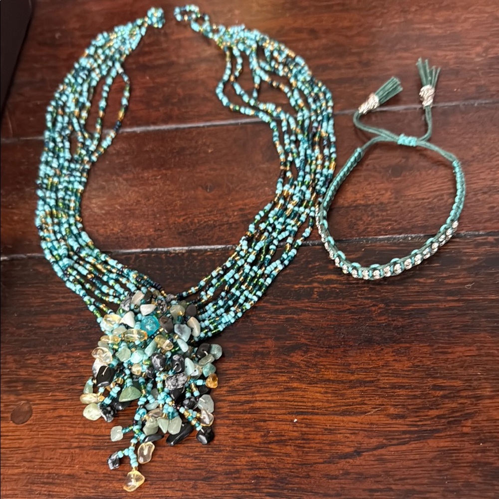 Blue and Green Multi-Strand Necklace with Silver Accents